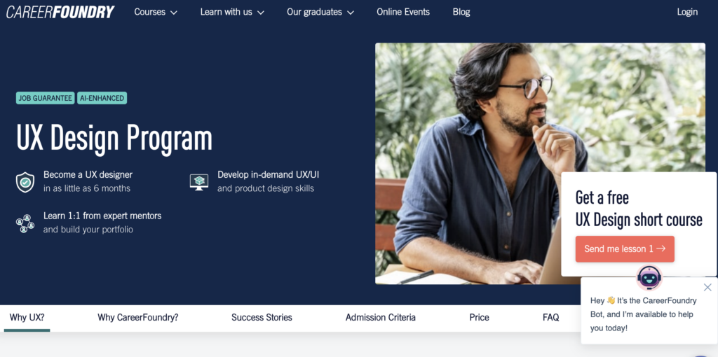 Page Flows’ screenshot of the CareerFoundy landing page for the UX Design Program.
